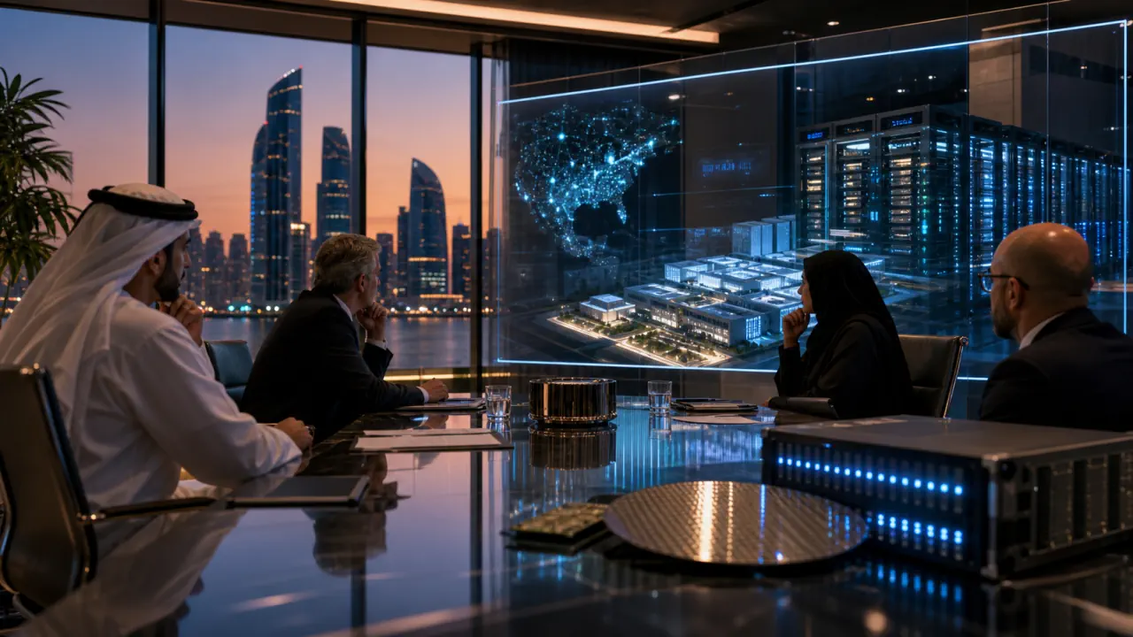 Cinematic editorial concept image of investors reviewing AI infrastructure and semiconductor plans in an Abu Dhabi boardroom