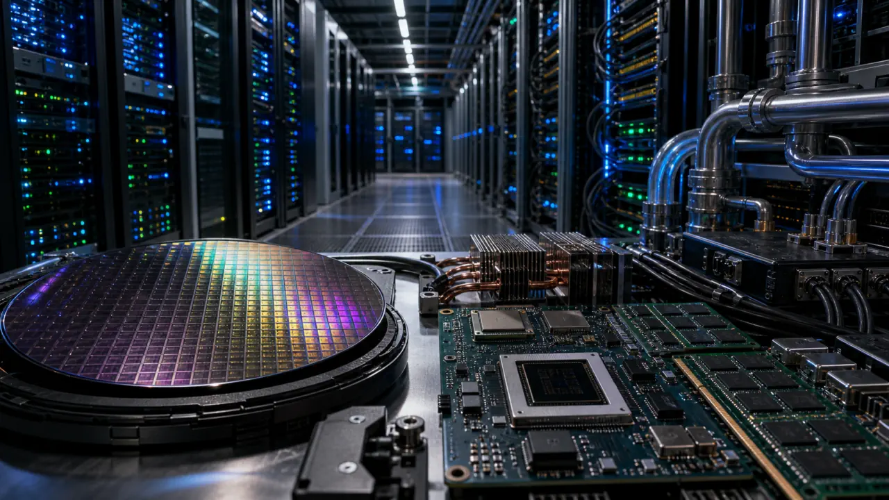 Cinematic editorial concept image of semiconductor wafers, AI server boards and liquid-cooled data center racks