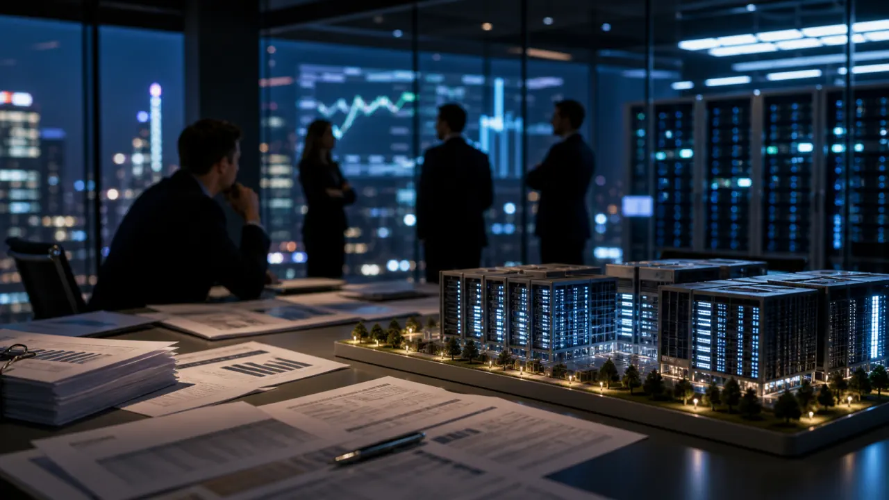 Cinematic editorial concept image of finance teams reviewing AI data-center infrastructure funding plans