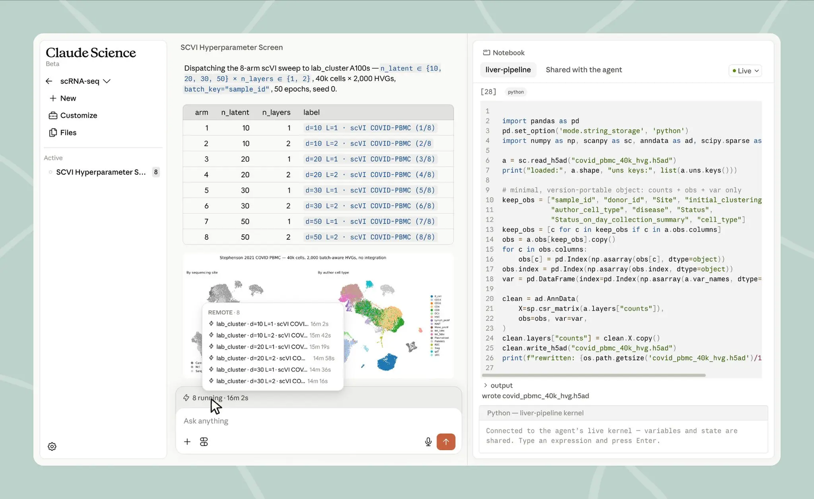 Uploaded Claude Science screenshot showing an scRNA-seq hyperparameter screen, running remote jobs and a live notebook kernel.