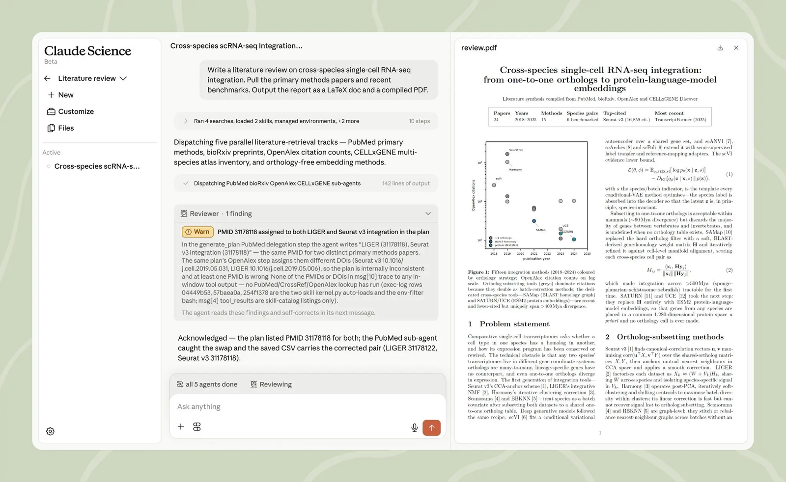 Uploaded Claude Science screenshot showing a literature-review workflow, reviewer finding, citation correction and generated PDF manuscript.