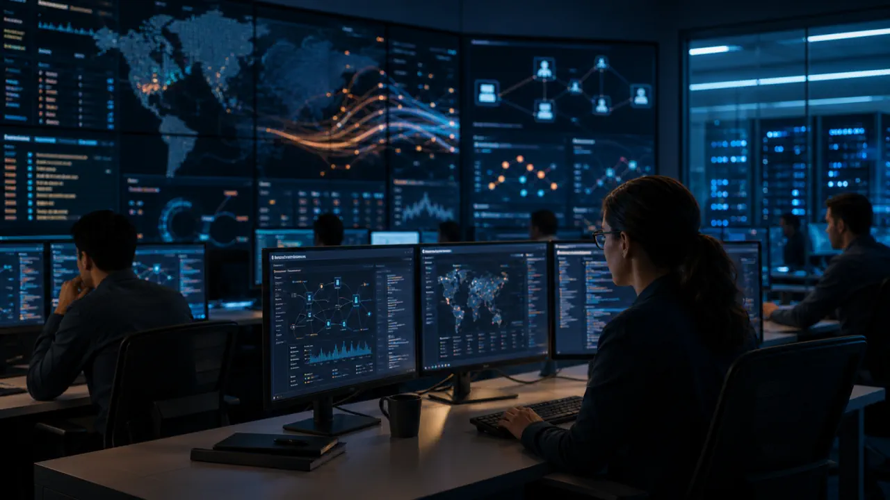 Cinematic editorial concept image of analysts overseeing AI-assisted security operations in a modern SOC