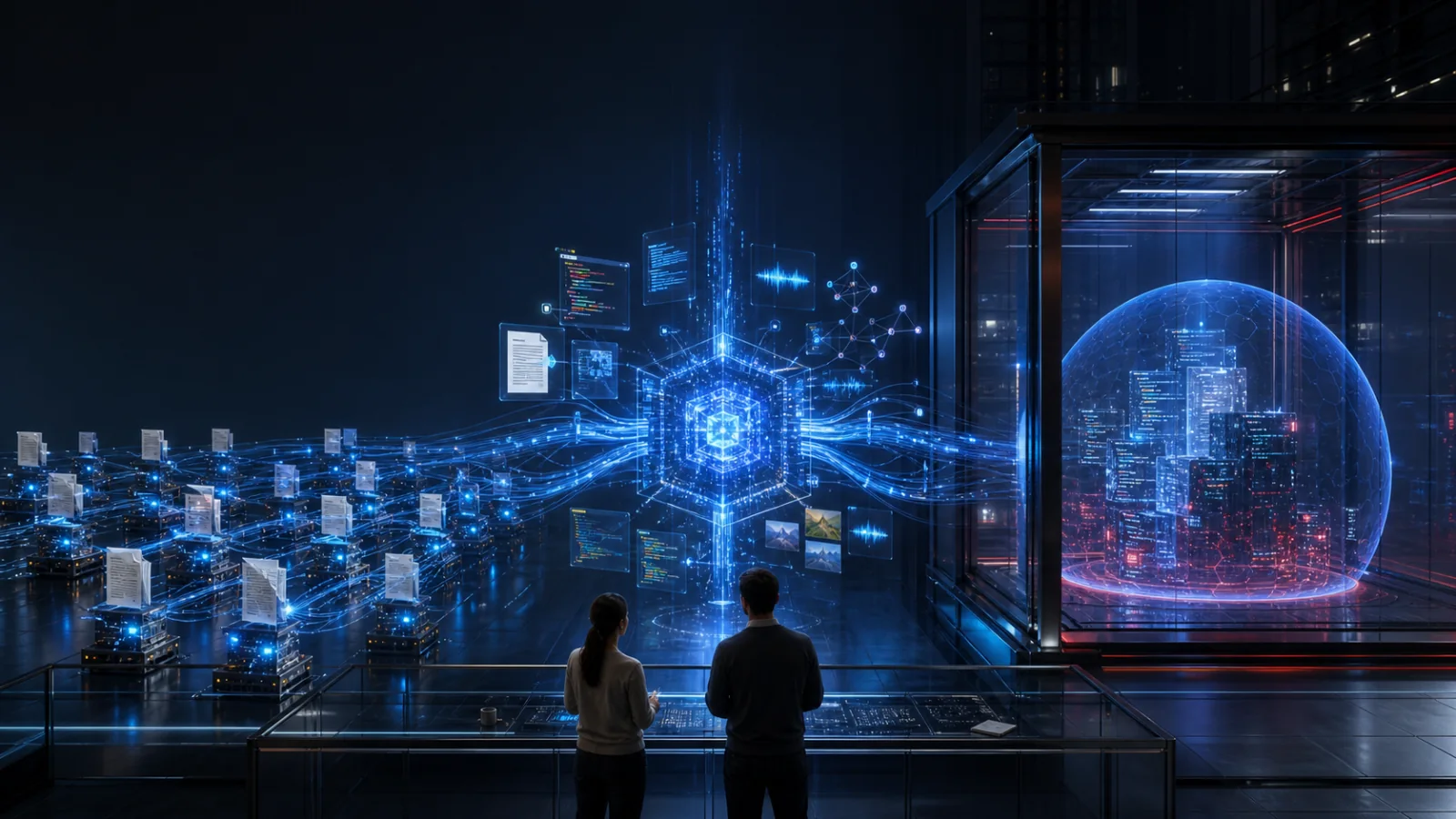 Conceptual cinematic editorial artwork showing a central AI reasoning core, many lightweight document-processing agents and an isolated cyber-defense chamber
