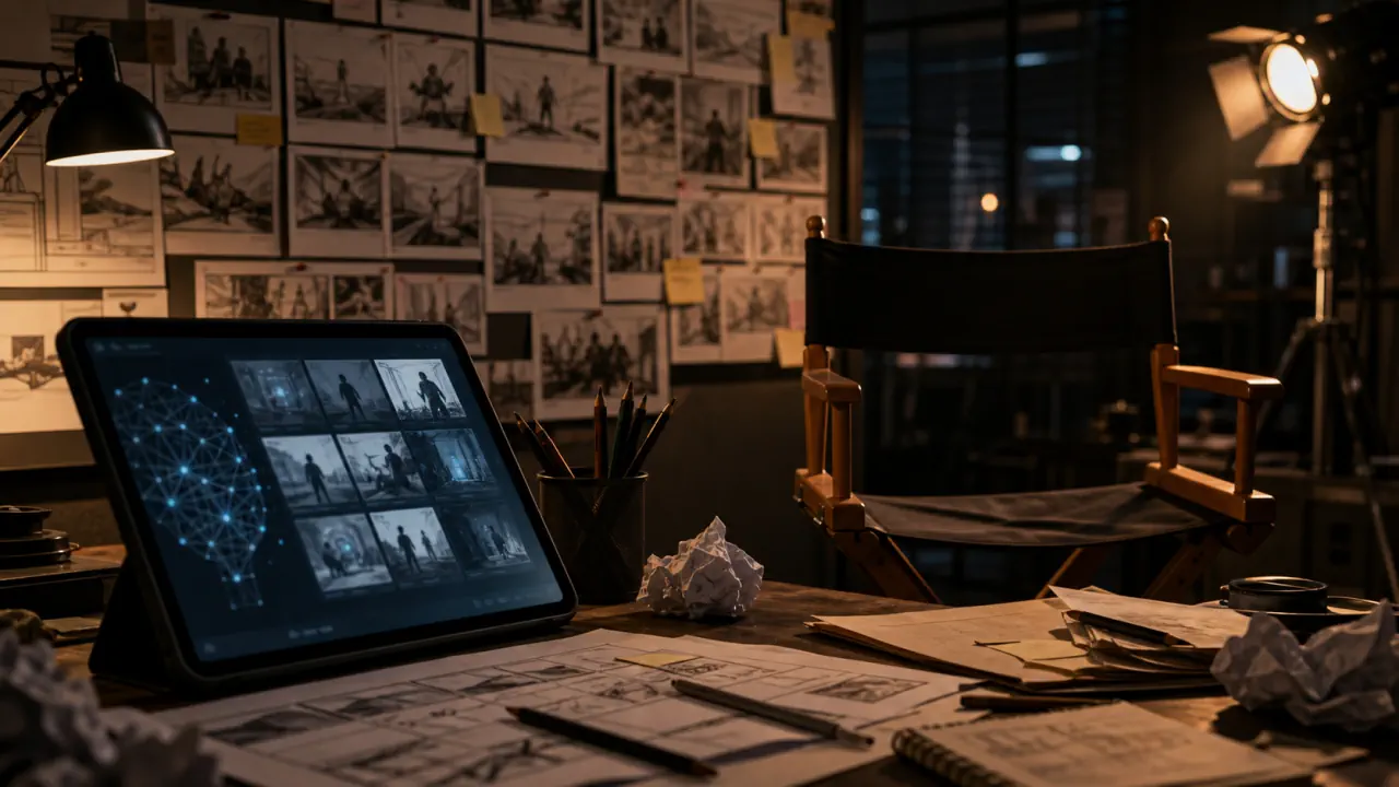 Cinematic editorial concept image of an empty film pre-production room with AI storyboard panels and artist tools