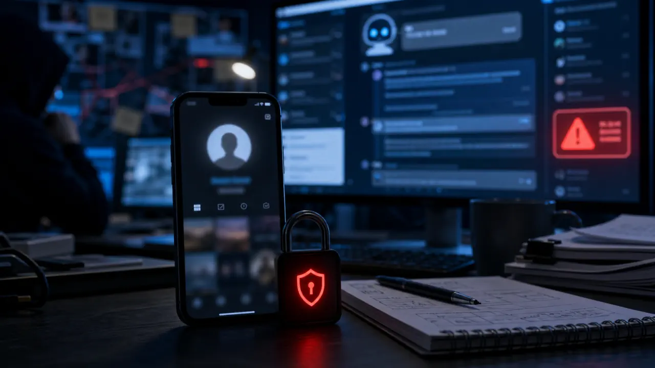 Cinematic editorial concept image of account recovery risk and AI support review on a cybersecurity desk