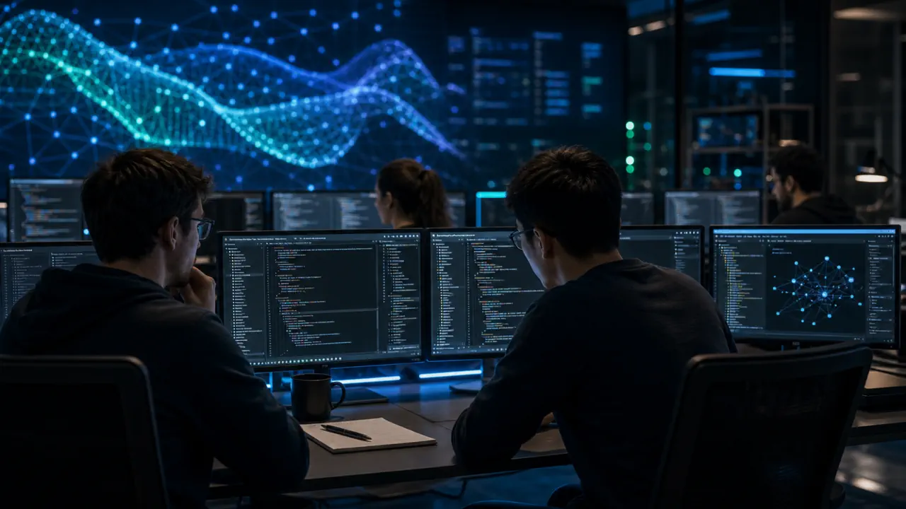 Cinematic editorial concept image of developers evaluating a new AI coding model in a software lab
