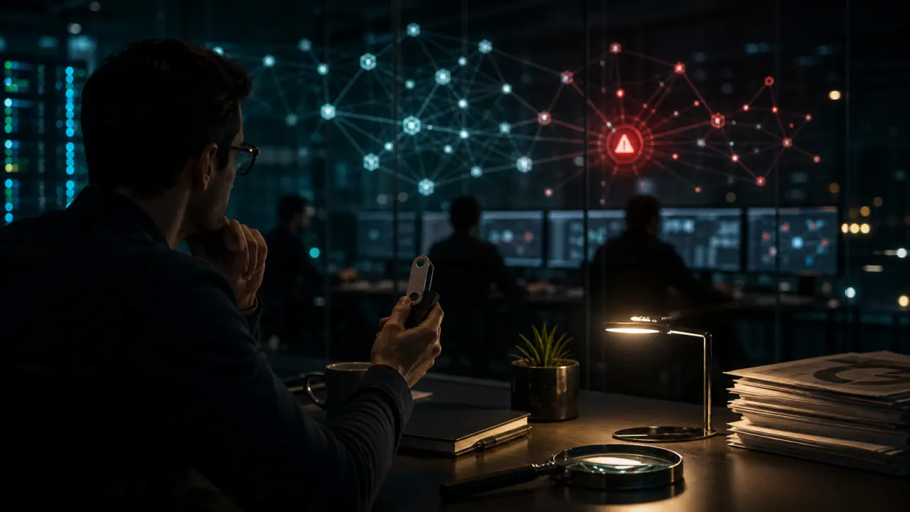 Cinematic editorial concept image of a fintech compliance room reviewing delayed onchain privacy risk signals