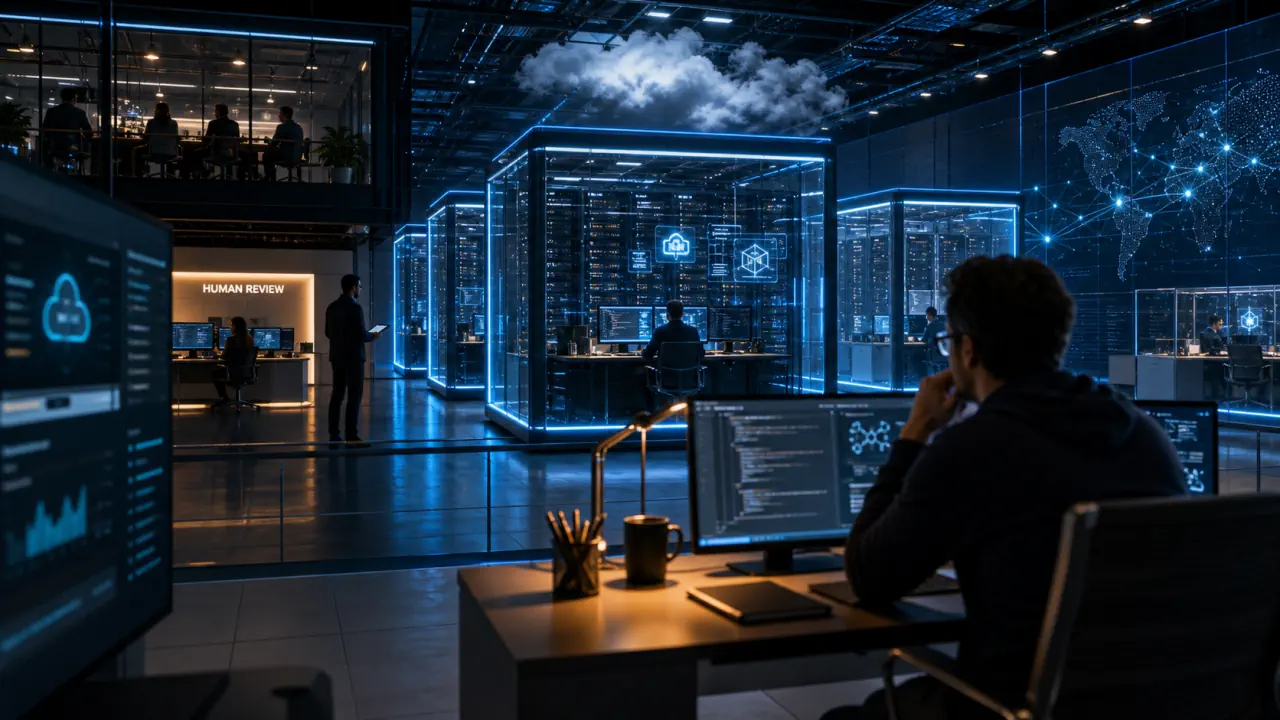 Cinematic editorial concept image of persistent cloud agent workspaces with human code review controls