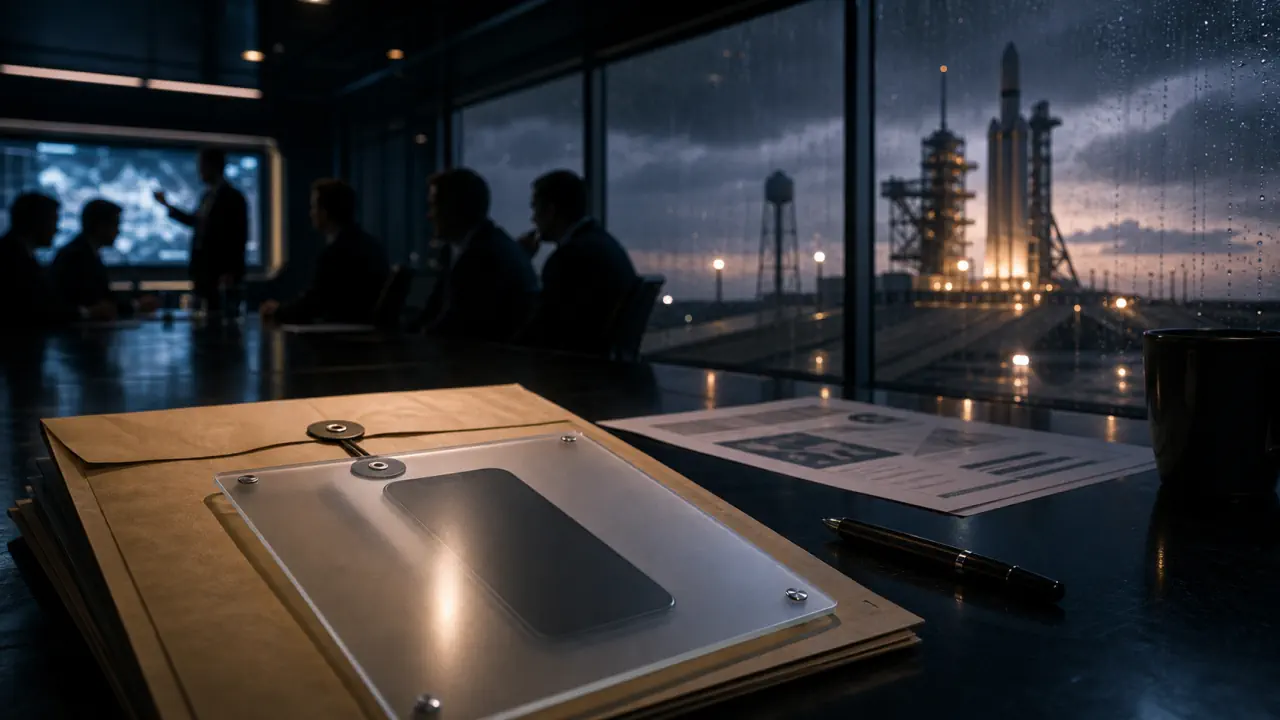 Cinematic editorial concept image of an unconfirmed handset-like AI device silhouette in an investor briefing room near a launch facility